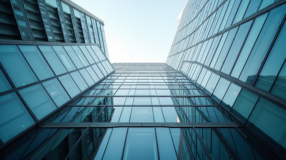 Eye-level view of a modern office building representing global business investments