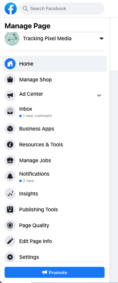 Image of menu for a Facebook Business Page