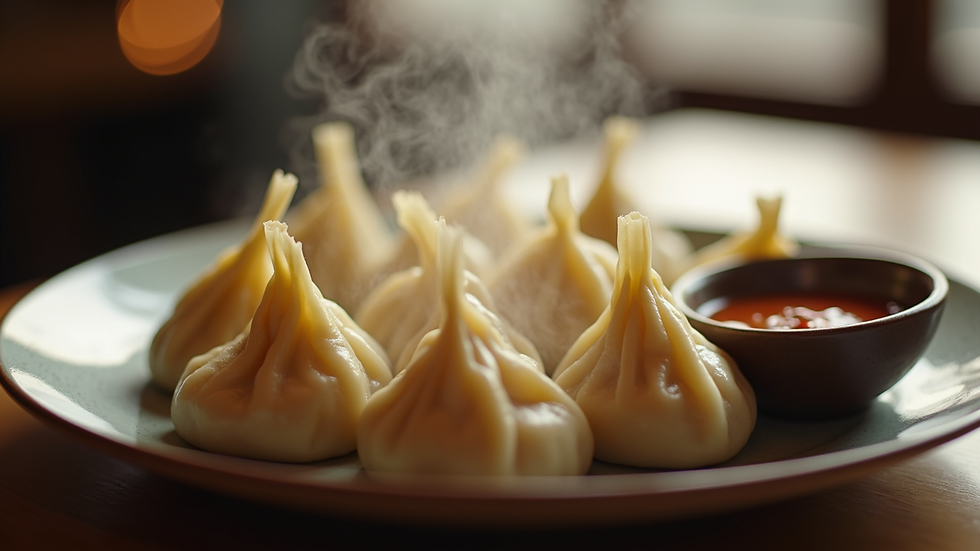Close-up view of a steaming plate of momos served with dipping sauce