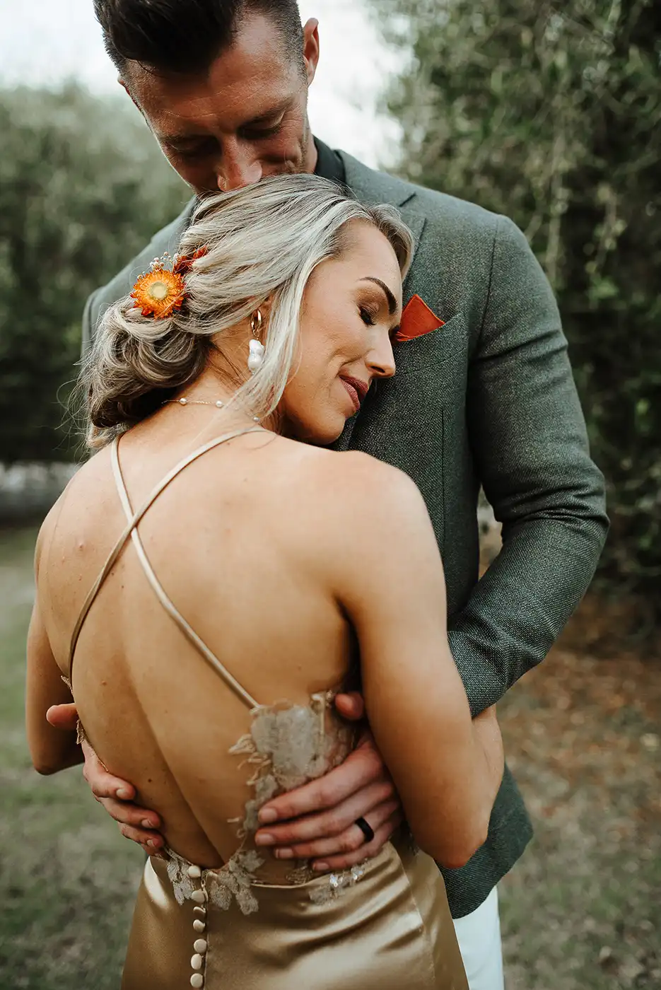 margo stankova real bride gold backless wedding dress embroidery modern romance