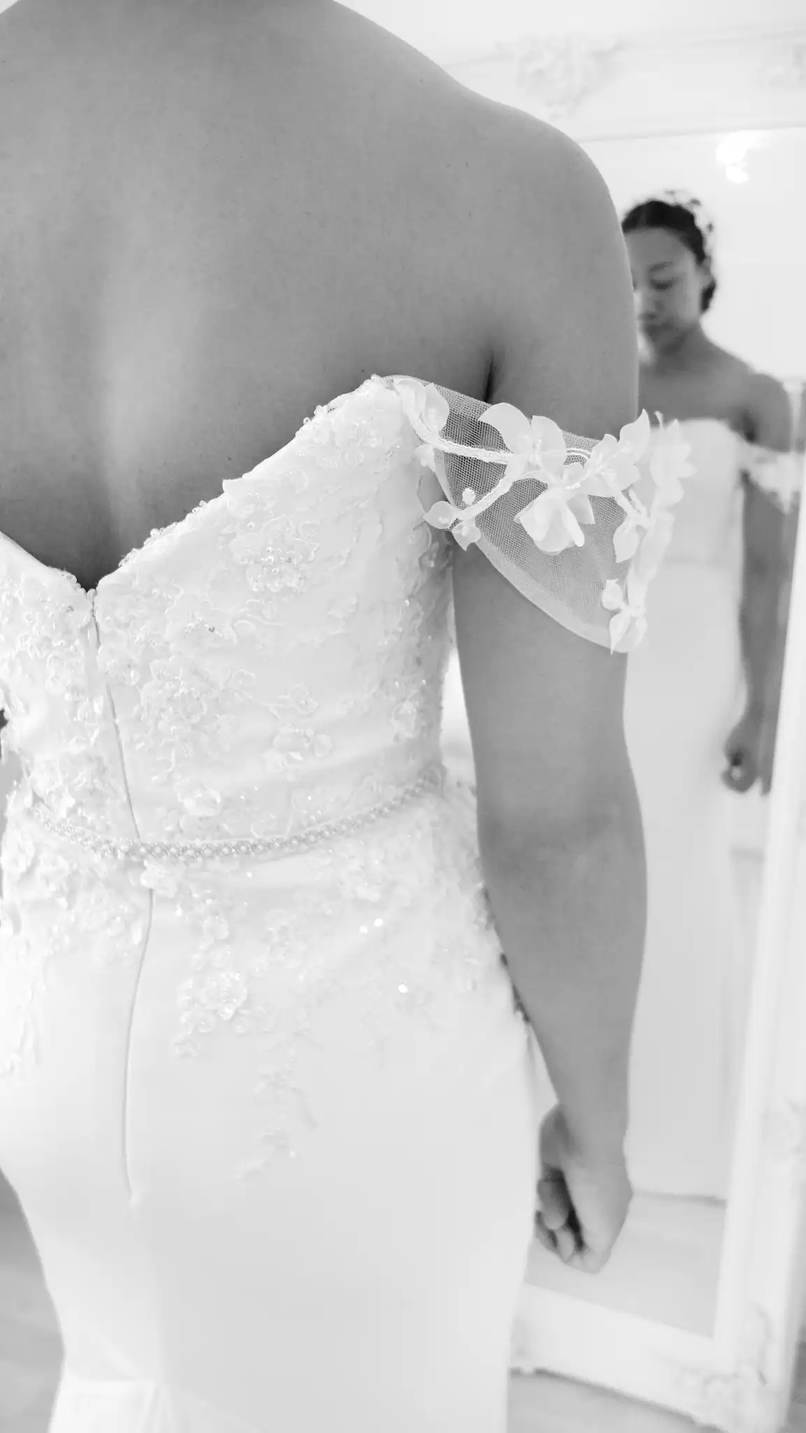 luxury French crepe mermaid wedding dress gown 3D embroidery flowers Margo Stankova London Bridal