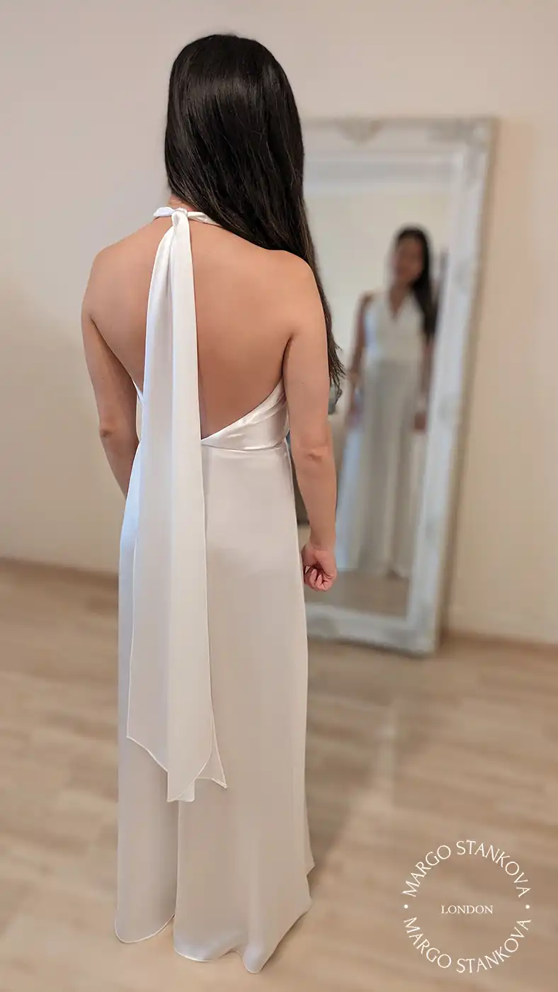 backless Reception Silk Wedding Dress with Halter Neckline and a long ribbon at the back