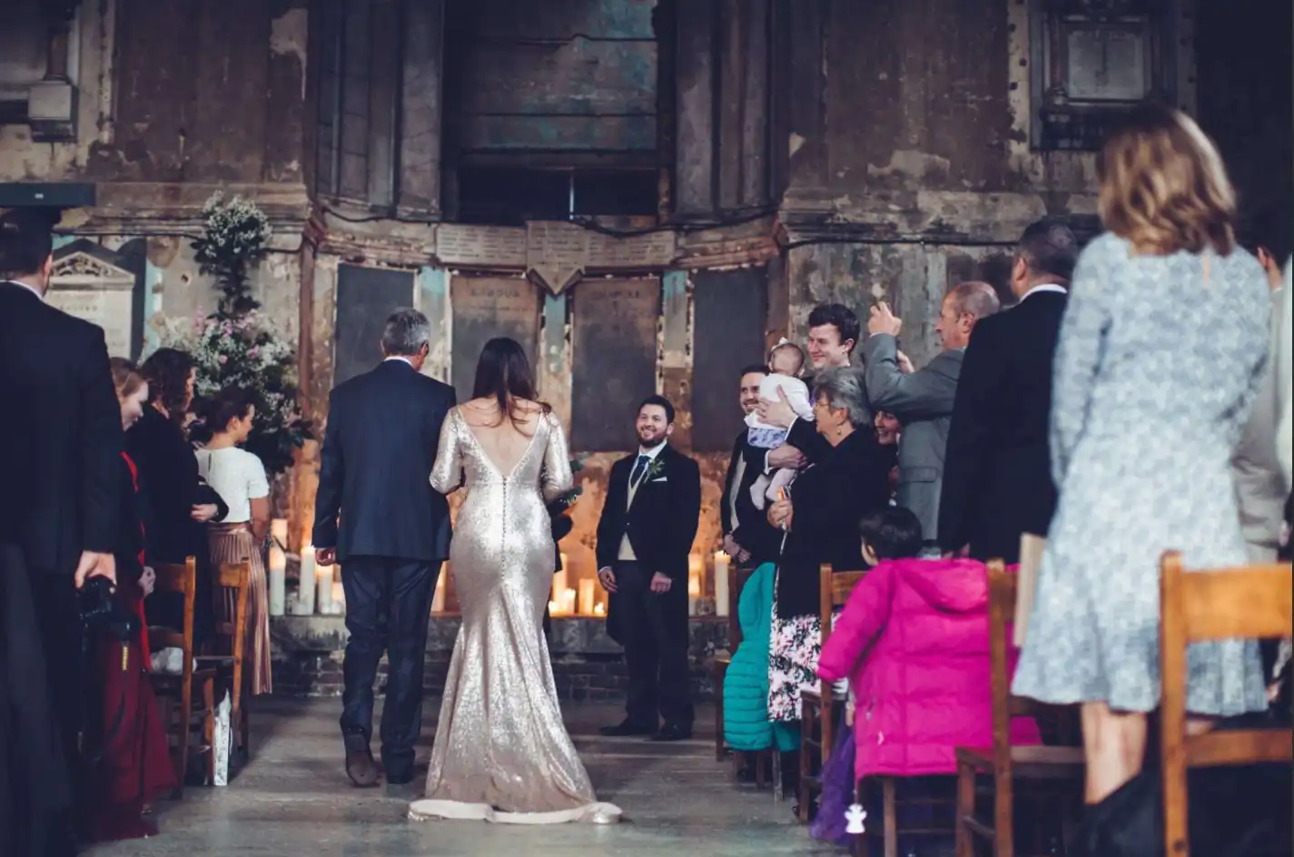 real bride wedding walking on the aisle at the asylum chapel in peckham south east london
