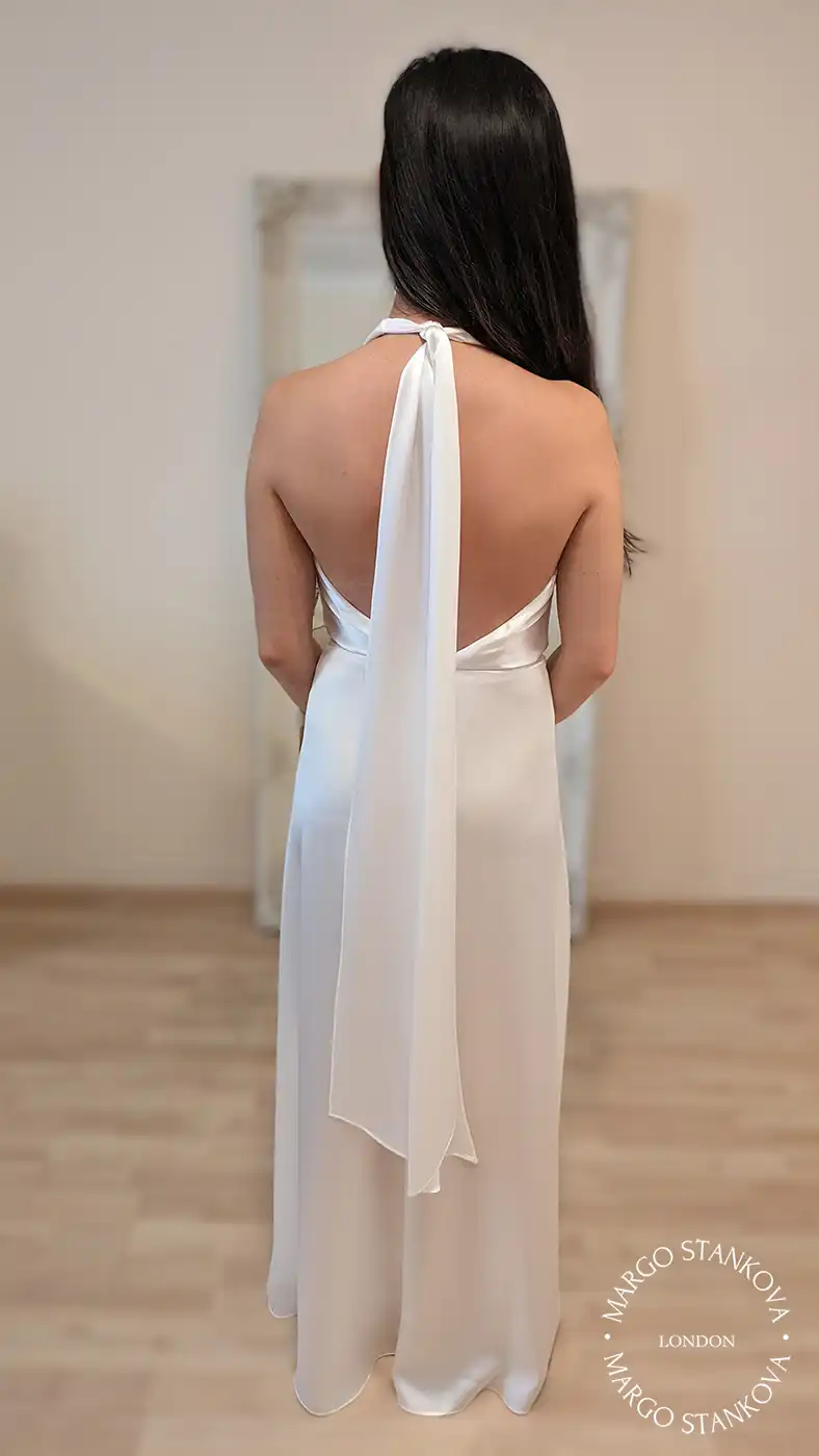 backless Reception Silk Wedding Dress with Halter Neckline and a long ribbon at the back