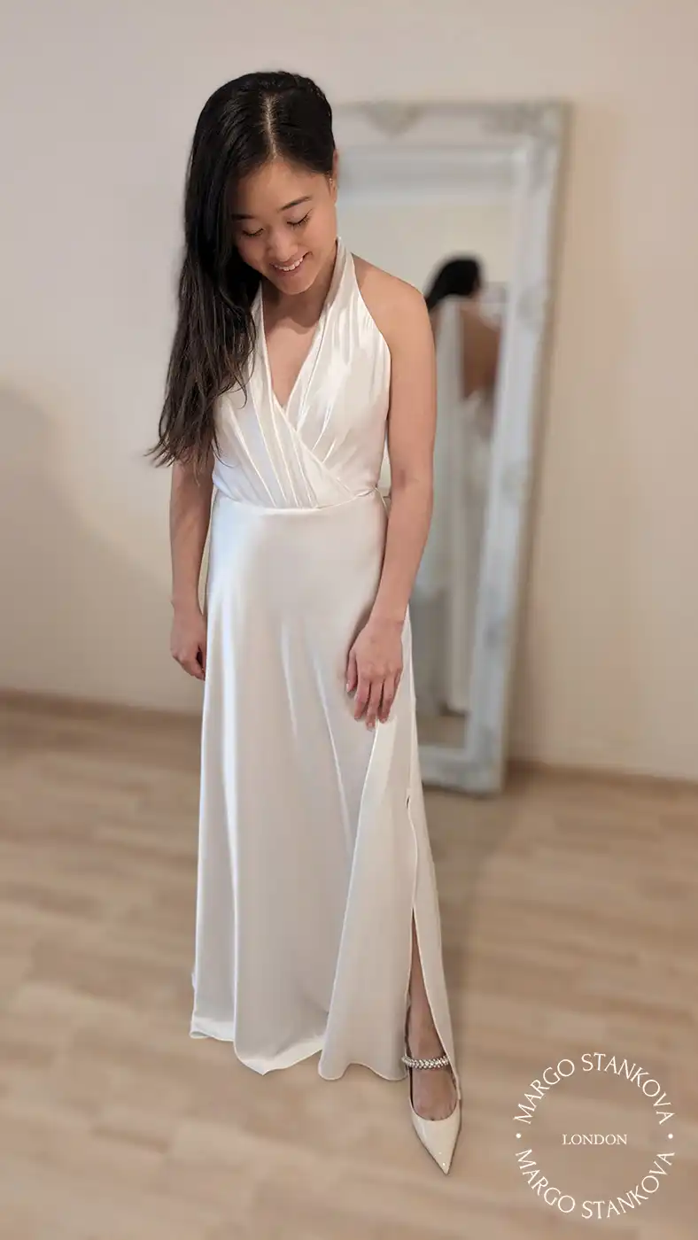 Reception Silk Wedding Dress with Halter Neckline and a long ribbon at the back, A-line with slits
