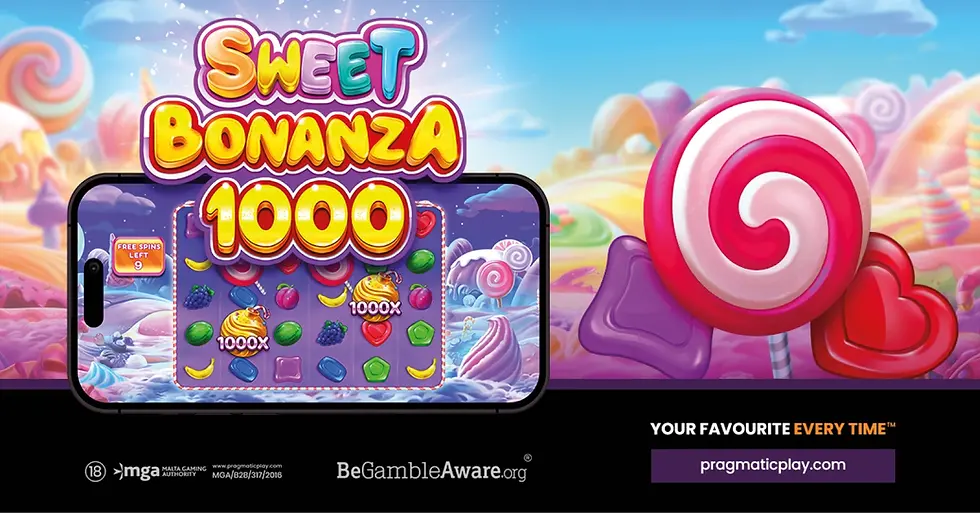 Candy-themed game ad with "Sweet Bonanza 1000" text. Features candies, colorful background, and a large lollipop. Text: "Free Spins Left 9".