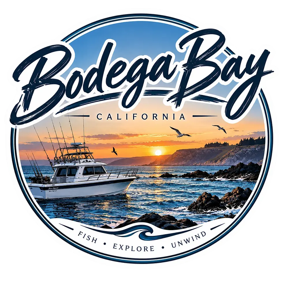 Digital illustration of a fishing boat near Bodega Bay, California, at sunset. The scene evokes maritime adventure and coastal tranquility.