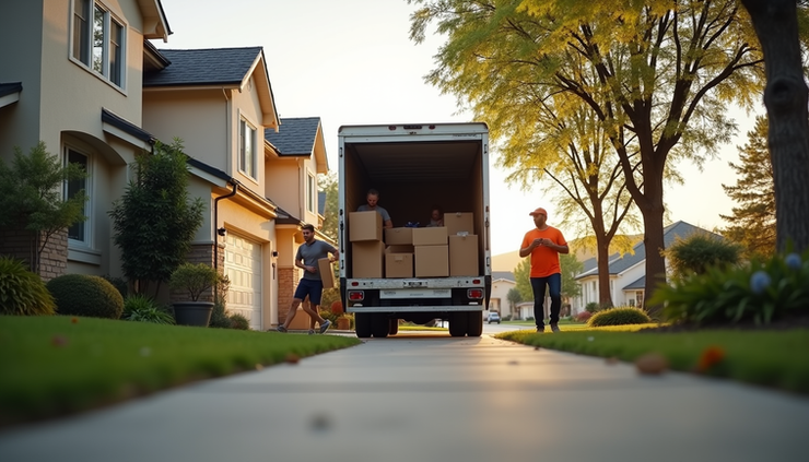 Eye-level view of a Born Ready Movers truck parked outside a residential home in Blacksburg
