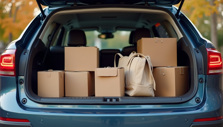 Eye-level view of a packed car trunk with organized boxes and bags ready for move-in at Virginia Tech
