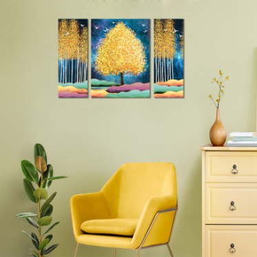 Thumbnail: One Touch Small MDF 3 Piece Golden Tree Forest Art
