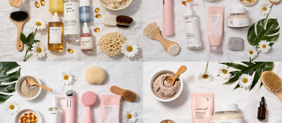 K-beauty flatlay of various products and devices that cleared my cystic acne.My current K-beauty rotation. All the products in my updated glass skin routine. 