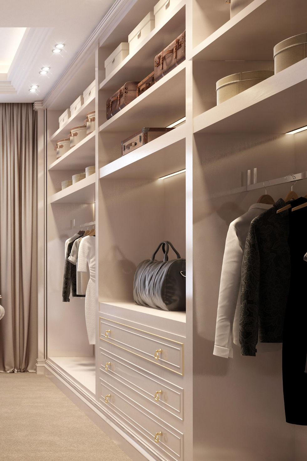 Luxurious walk-in closet with white shelves, clothes hanging, boxes, and bags. Beige curtains and carpet create a serene mood.