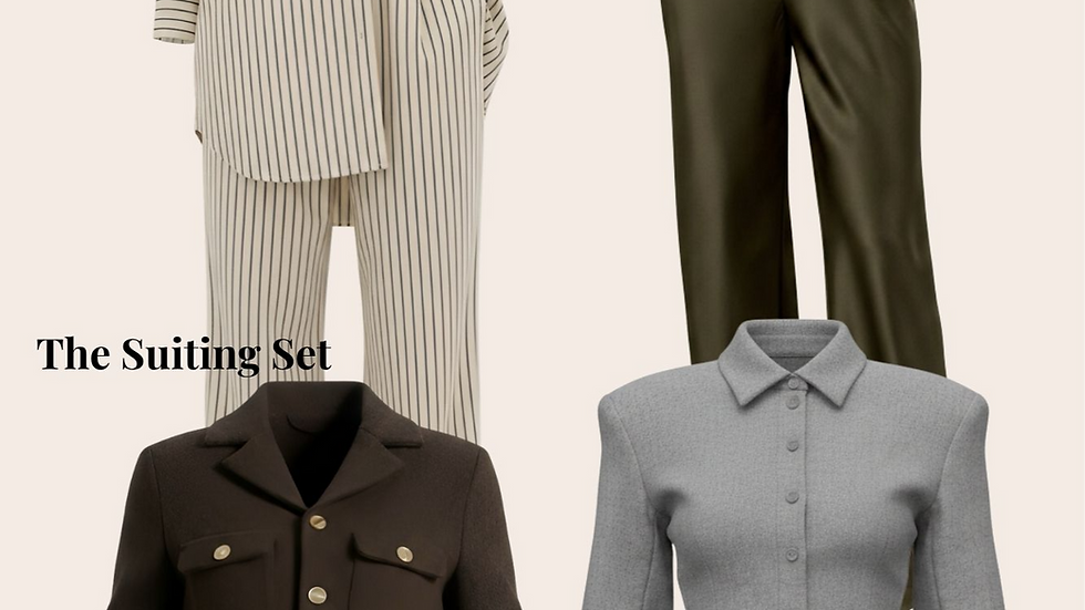 Four fashion sets are displayed: Casual-Luxe with stripes, Silk in olive, Suiting in brown, and Statement in gray. Labels included.