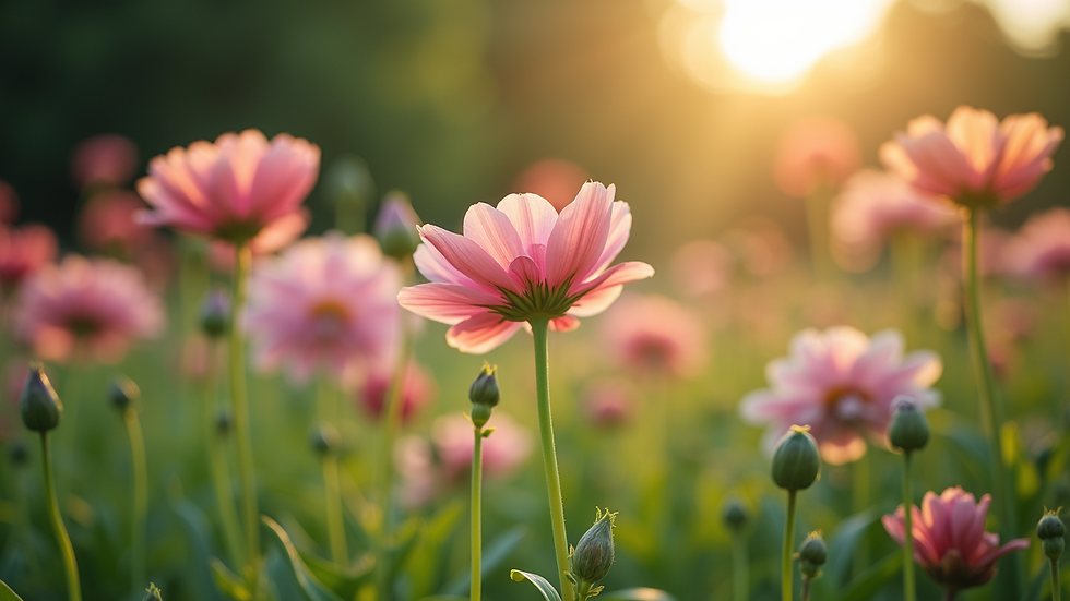 Close-up view of a serene garden with blooming flowers