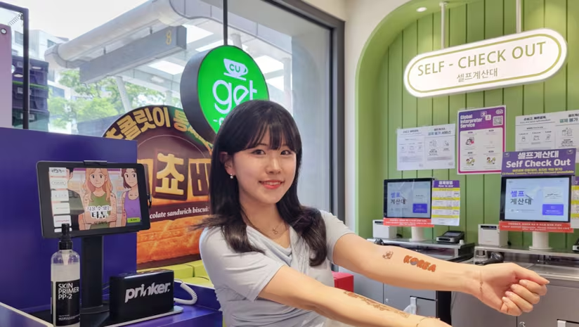 Image: Shows a temporary tattoo applied to a customer's inner forearm at a CU convenience store in Seoul. (Yonhap)