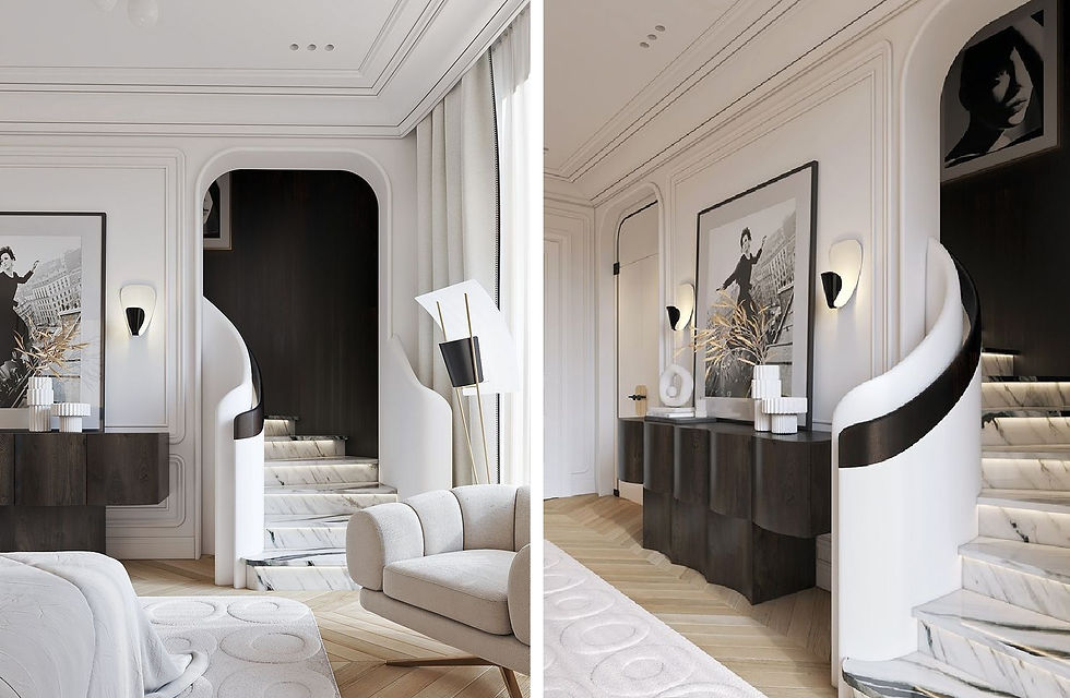 Complete interior redesign of a heritage residence, curved marble staircase and dark wood console. EMdot Studio Elegant livingroom design marble staircase. Switzerland