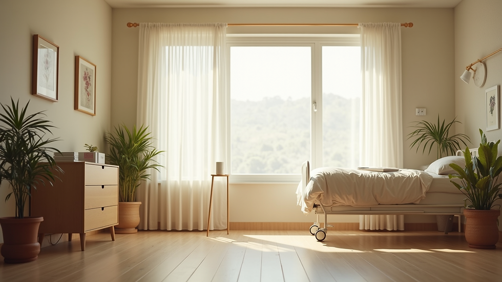 Eye-level view of a calm birthing room with soft lighting and natural decor