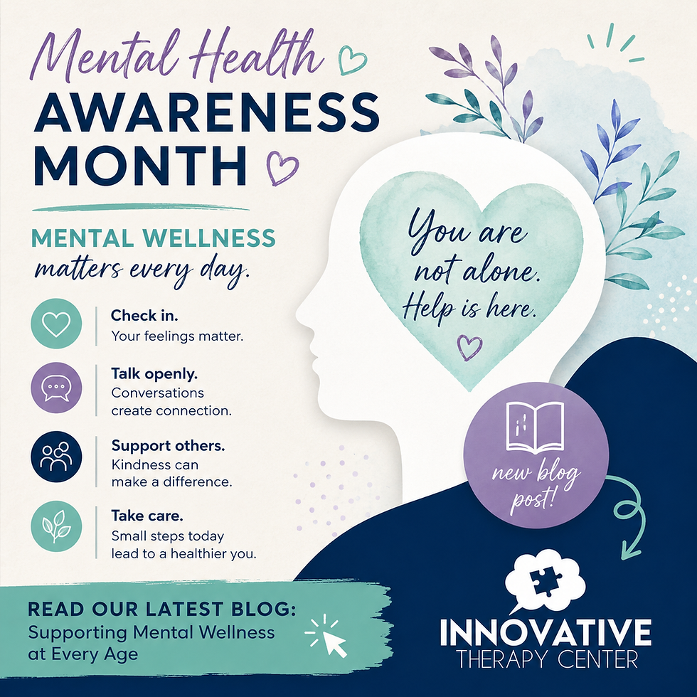 Mental Health Awareness Month poster with wellness tips: Check in, Talk openly, Support others, Take care. "You are not alone" message featured.
