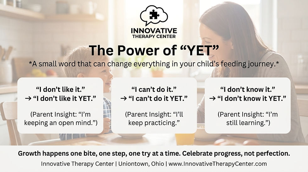 Poster for Innovative Therapy Center about The Power of Yet, with mom and child at a table and feeding tips.