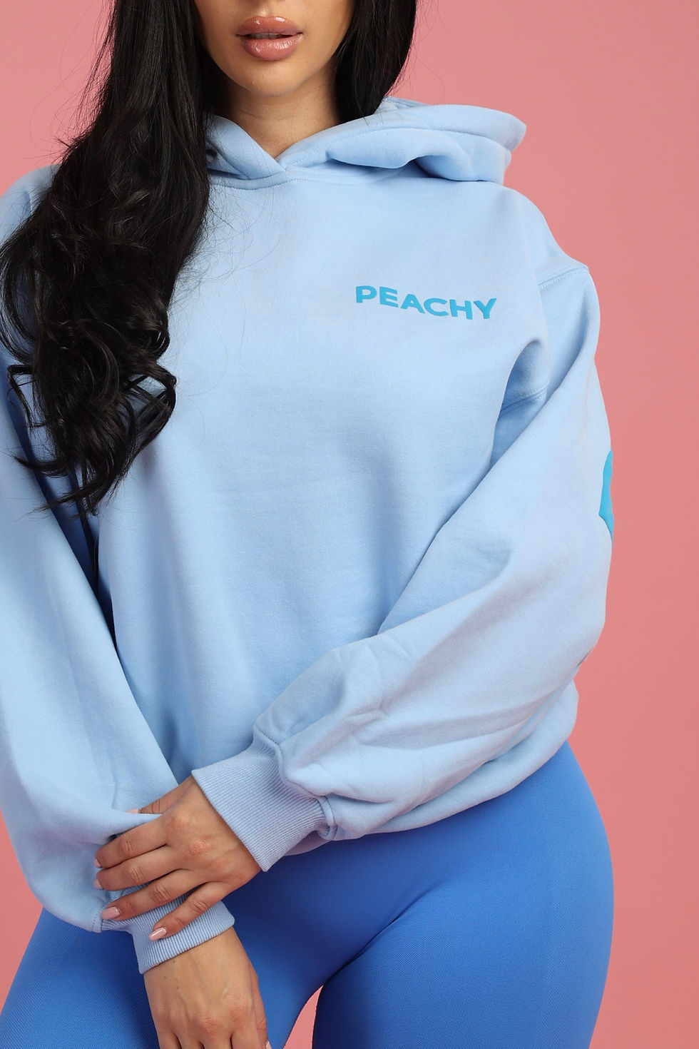 Thumbnail: Peachy puff printed baby blue oversize hoodie