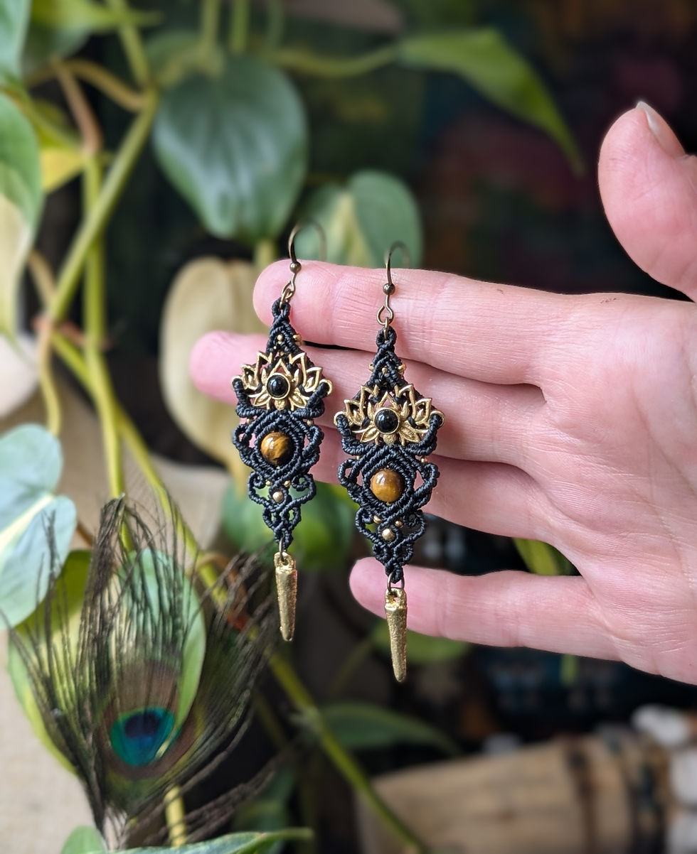 Thumbnail: Smoky Quartz + Tigers Eye Lotus Earrings