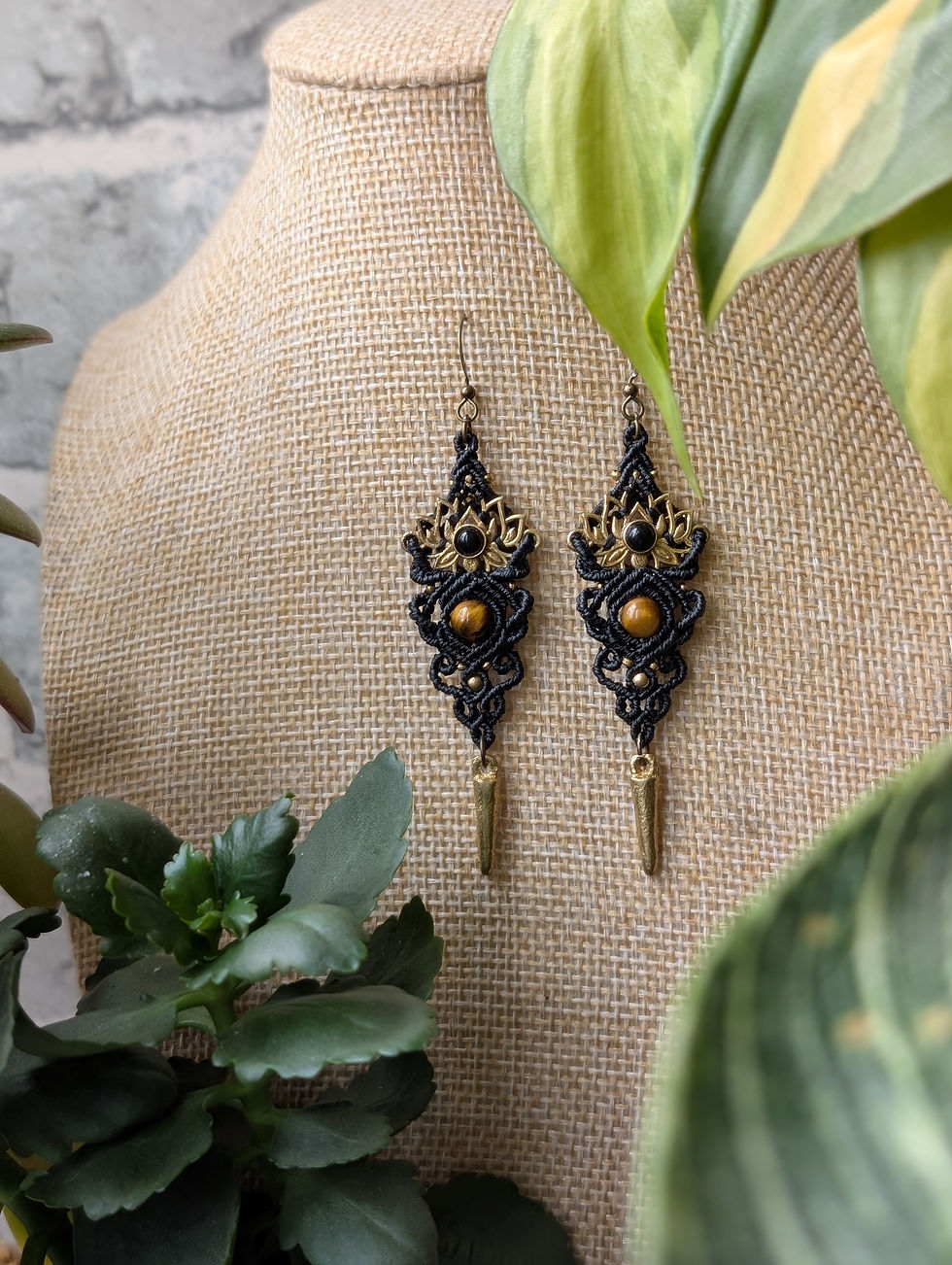 Thumbnail: Smoky Quartz + Tigers Eye Lotus Earrings