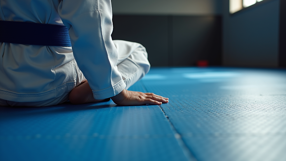 Close-up view of a BJJ gi and belt on a training mat