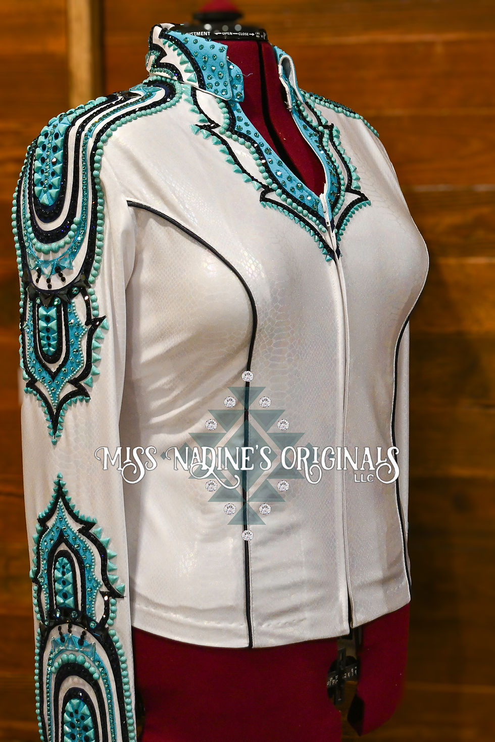 White, Sea Glass, Turquoise, and Navy Western Show Blouse