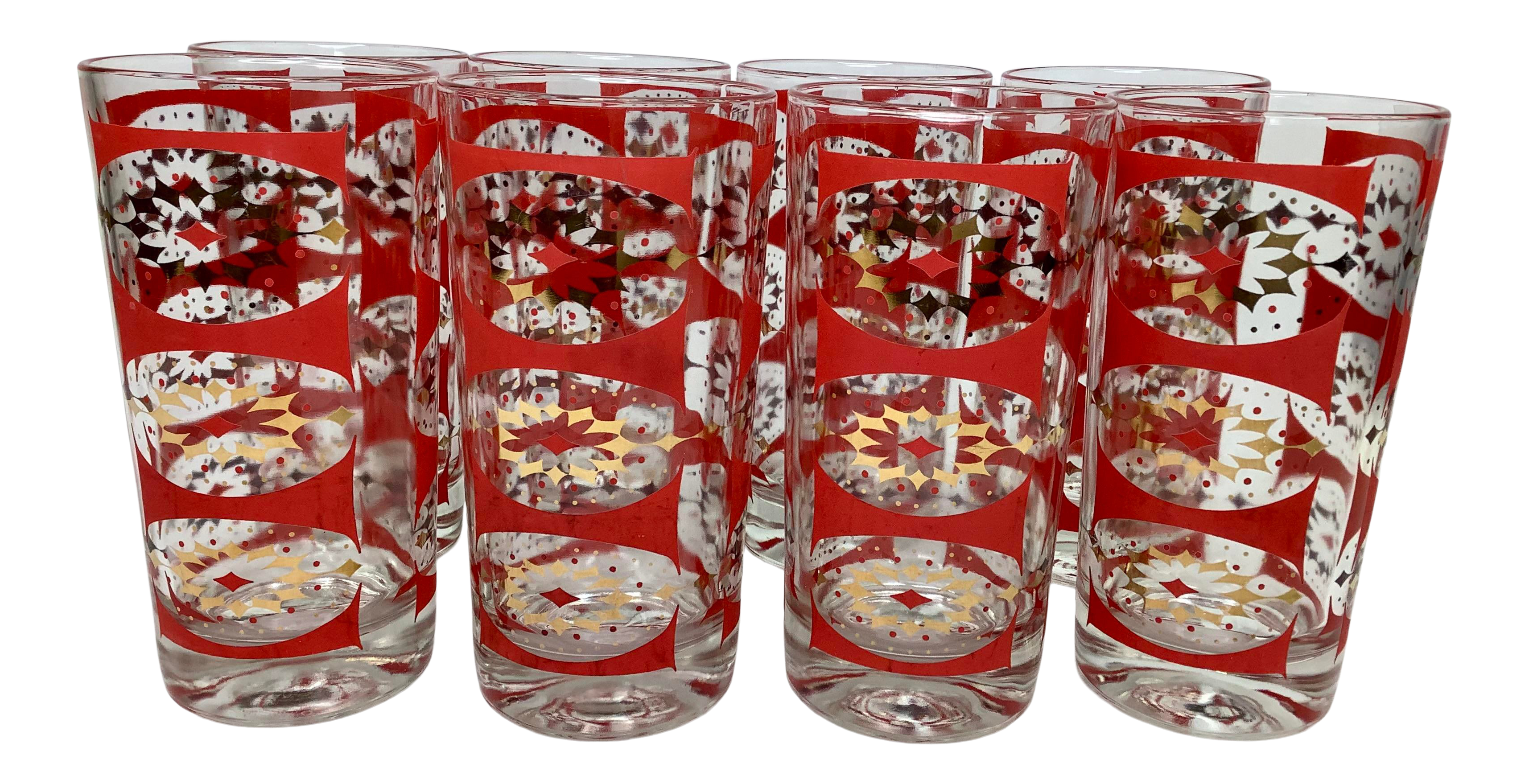 Vintage Federal Glass Gilt and Red Diamond Pattern Highball Glasses - Set of 8