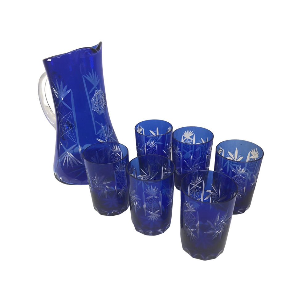 Thumbnail: Set of 7 Bohemian Cut to Clear Cobalt Blue Pitcher and Six Glasses