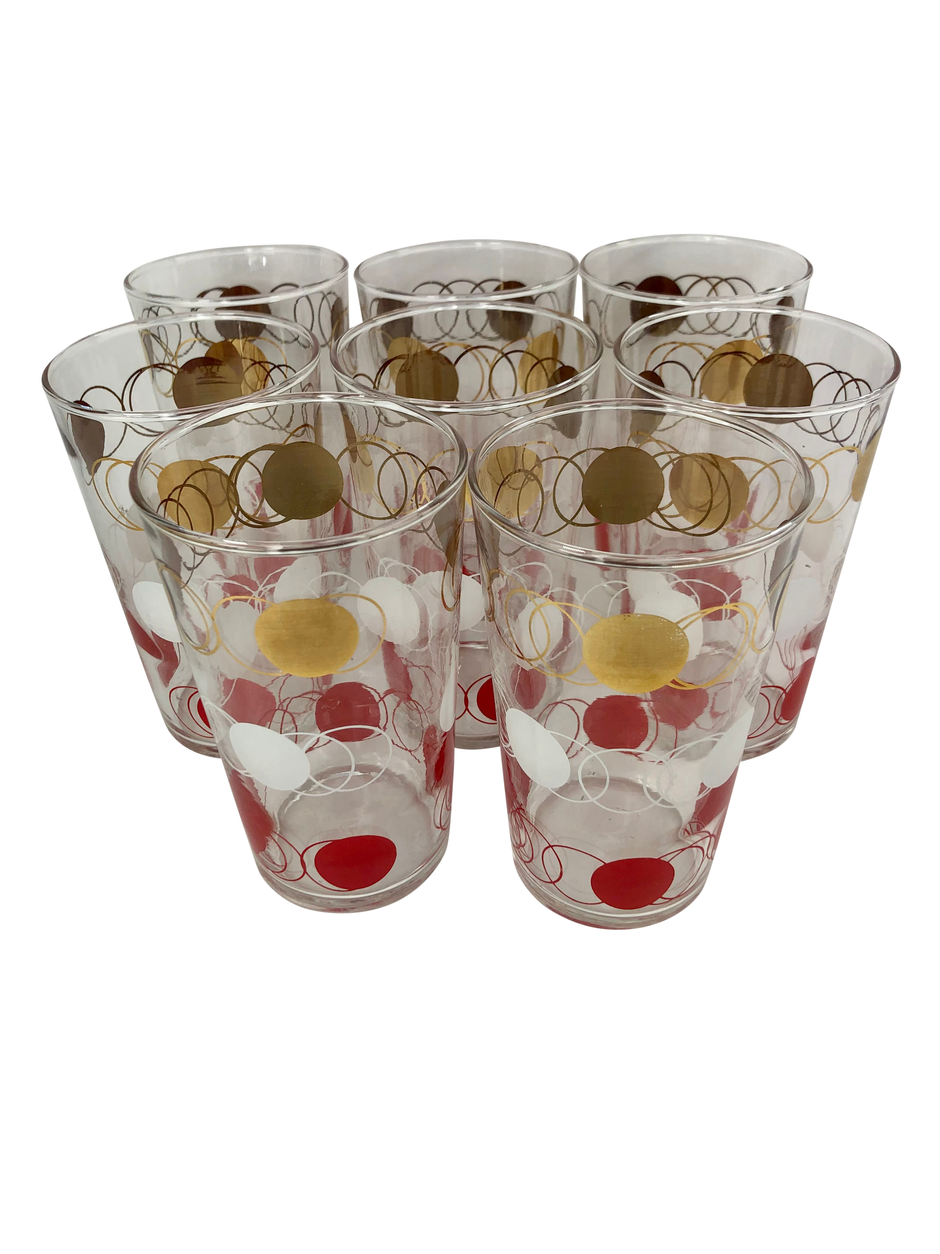 Set of 8 Vintage Federal Glass Tumblers With Gold, White, & Red Rings
