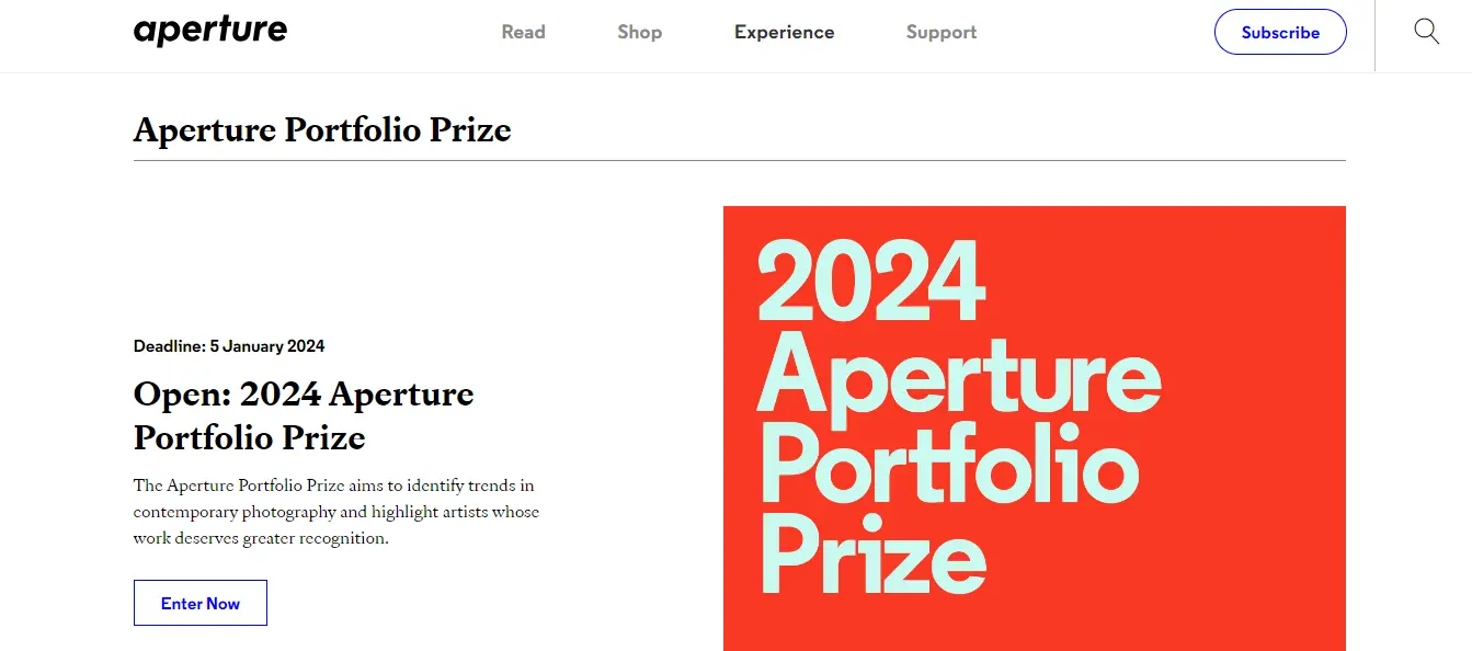 homepage of Aperture Portfolio Prize