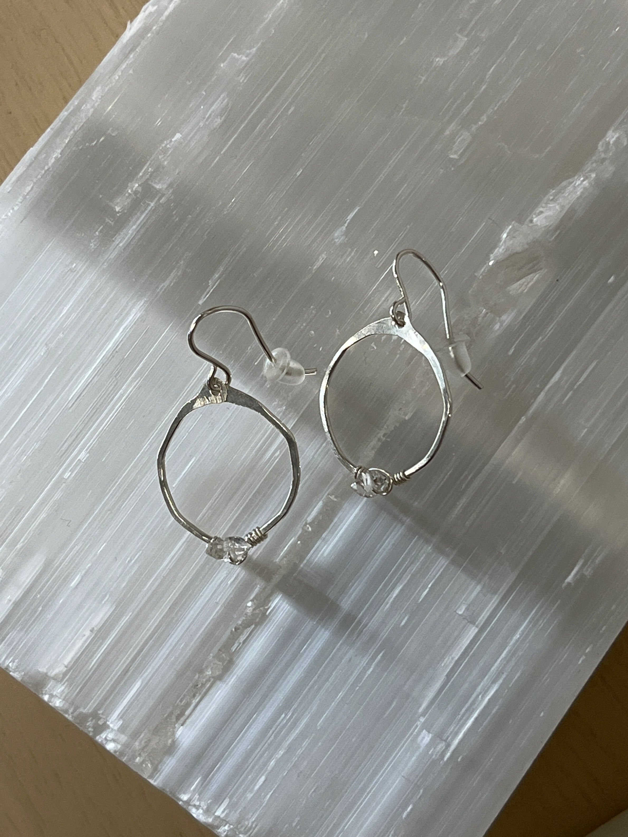 STERLING  SMALL HOOPS WITH HERKIMER DIAMOND