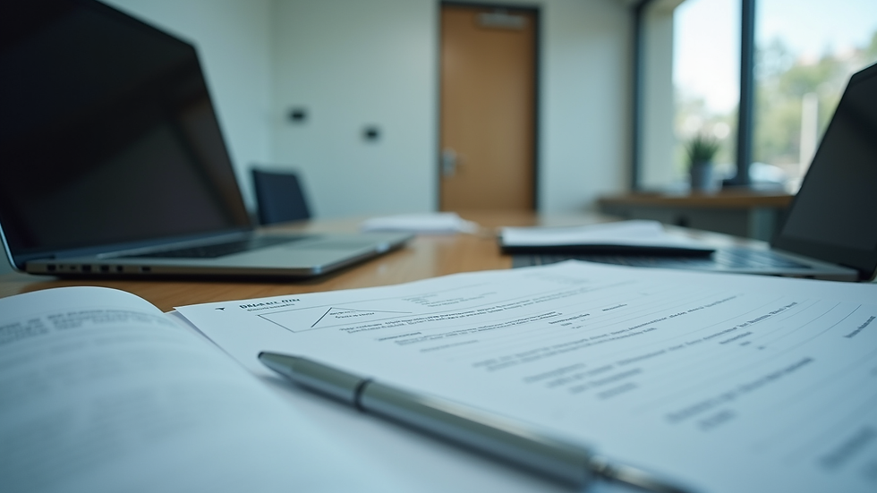 Vue en plongée d'un bureau avec des documents médicaux et un ordinateur portable