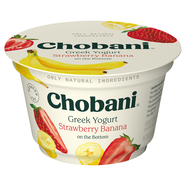 Chobani Yogurt, Greek, Reduced Fat, Strawberry Banana On The Bottom 5.3 oz