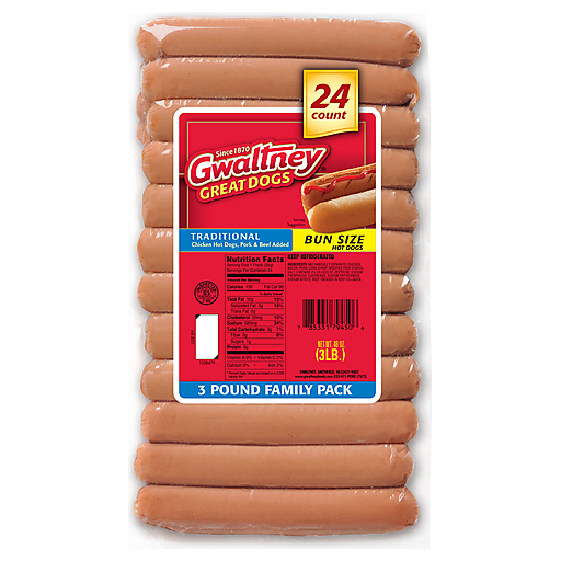 Gwaltney Hot Dogs, Chicken, Traditional, Bun Size, 3 Pound Family Pack 24 ea