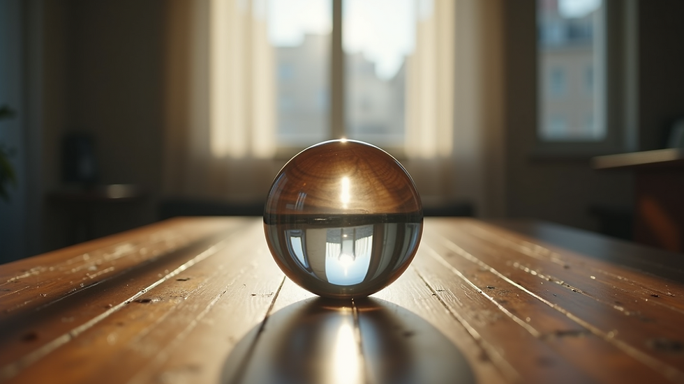Eye-level view of a crystal ball on a wooden table