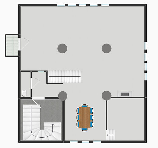 Floor plan downstairs of LuftHaus Fotomietstudio in Cologne, Germany. Renovated loft space in the old Rondorf church tower, now a photo rental studio and film location.