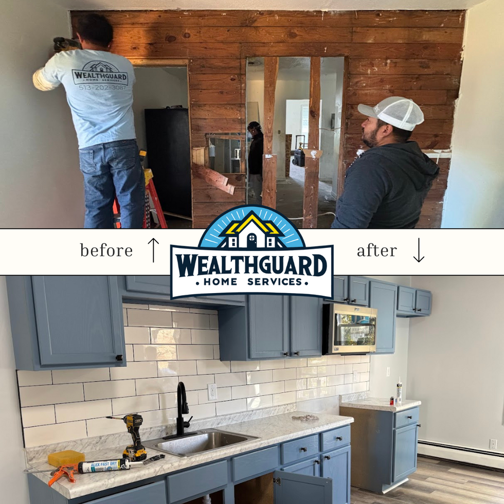 Wall removed between kitchen and living area for an open-concept design, improving space, light, and functionality.