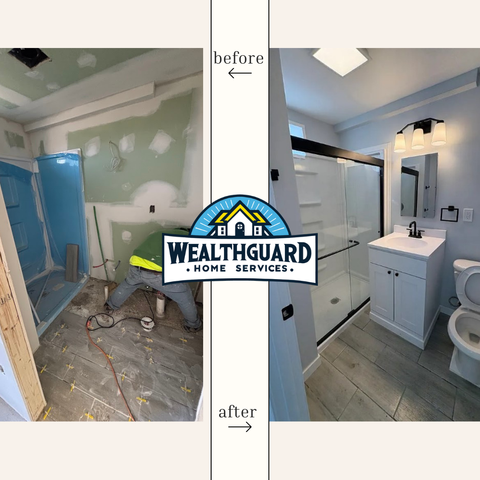 New bathroom built in a former garage storage space with modern fixtures, stylish tile, and upgraded plumbing for a functional and elegant design.