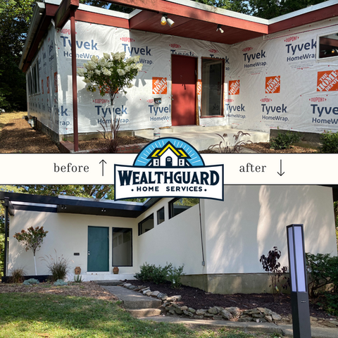 Newly renovated home with fresh stucco siding, modern energy-efficient windows, and a crisp exterior paint job, enhancing curb appeal and durability.