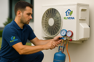 Klivena teknisyeni, İzmir’de split klima gaz dolumu yapıyor.