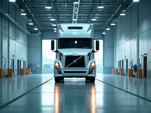 Eye-level view of a commercial truck parked at a testing facility
