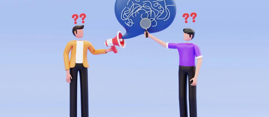 An animated image of two people trying to communication, by misunderstanding each other.