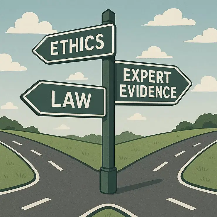 Signpost at crossroads reads "ETHICS," "LAW," and "EXPERT EVIDENCE" against a rural background with a cloudy sky. Decisions implied.