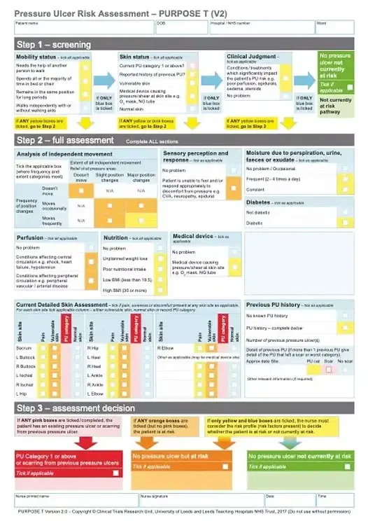 Pressure Ulcer Risk Assessment chart with steps 1-3, including screening and full assessment details. Multi-colored sections and checkboxes.