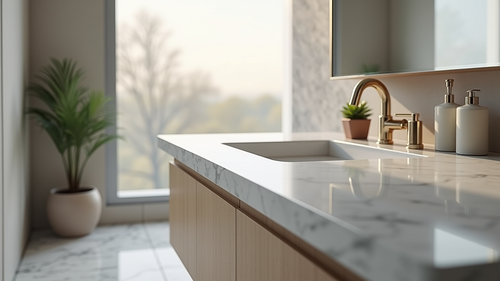 Close-up view of custom bathroom vanity cabinet with marble countertop