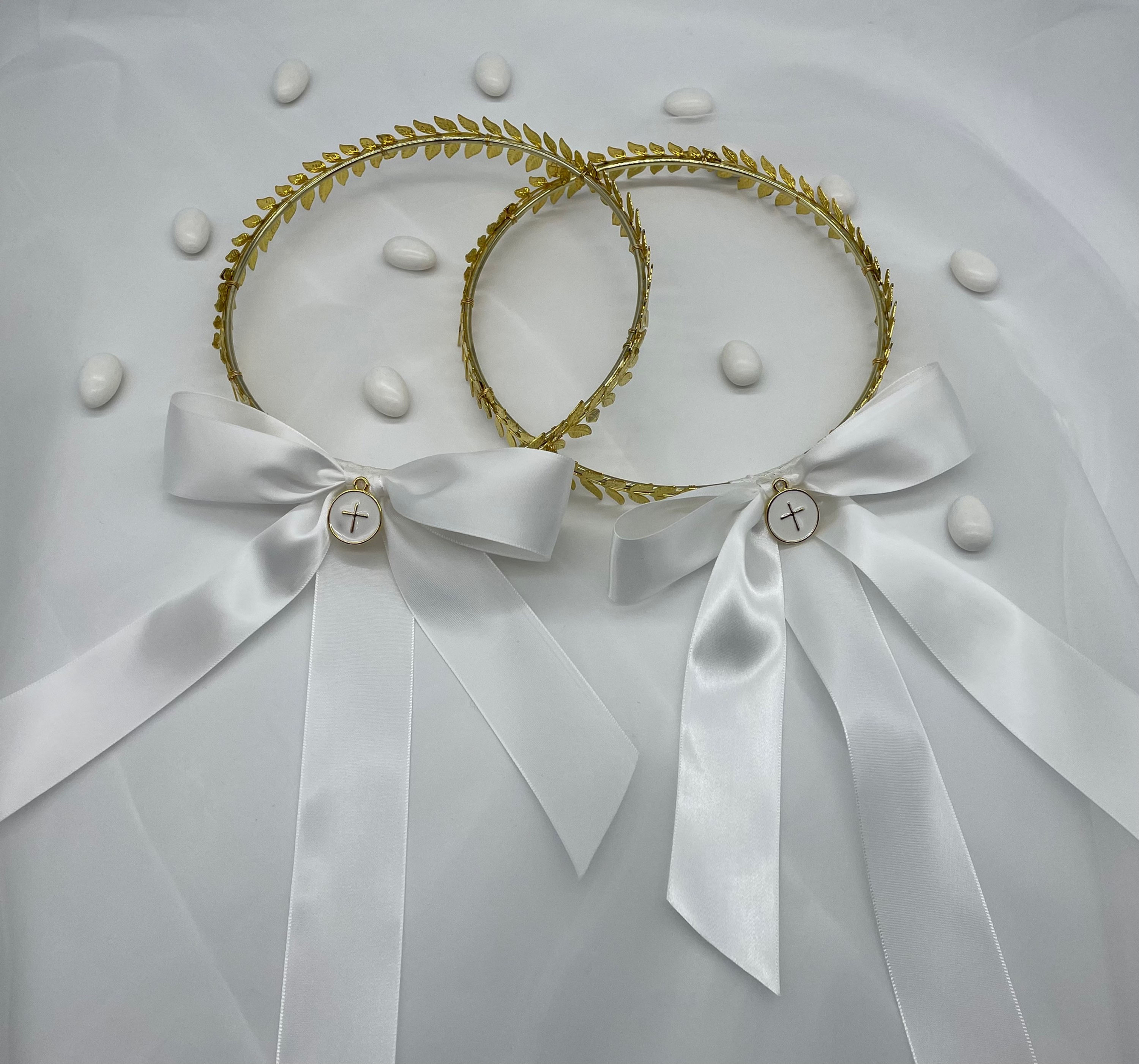 Gold Leaf Stefanas with Cross Pendant - 2 Handmade Greek Orthodox Wedding Crowns