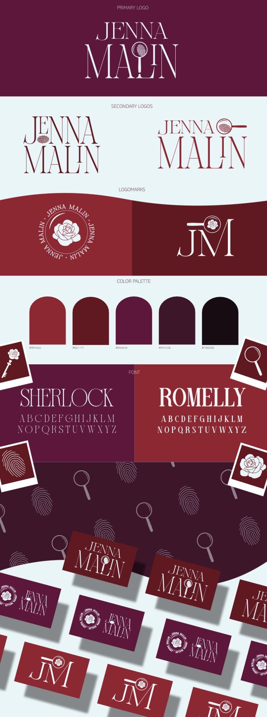 A full spread of Jenna's new logo and color palette.
