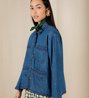 Model wearing a denim jacket with title Bonte